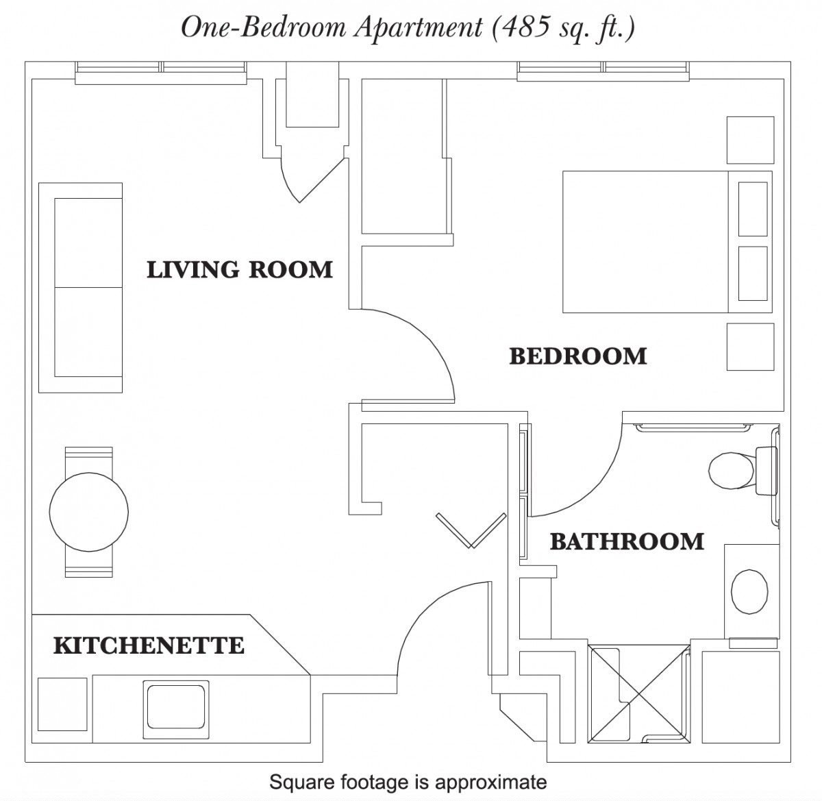 Floor plan of a one-bedroom apartment (589 sq. ft.), indicating living room, bedroom, kitchenette, and bathroom.