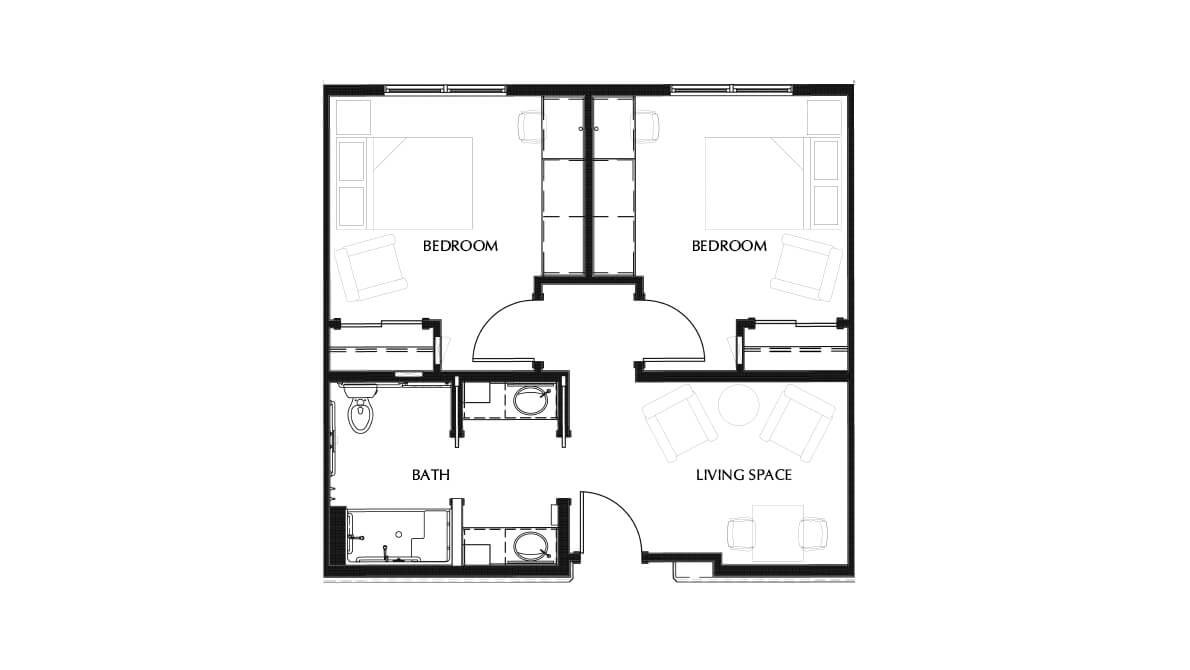 A simple floor plan showing an apartment layout with two bedrooms, a bathroom, and a living space.