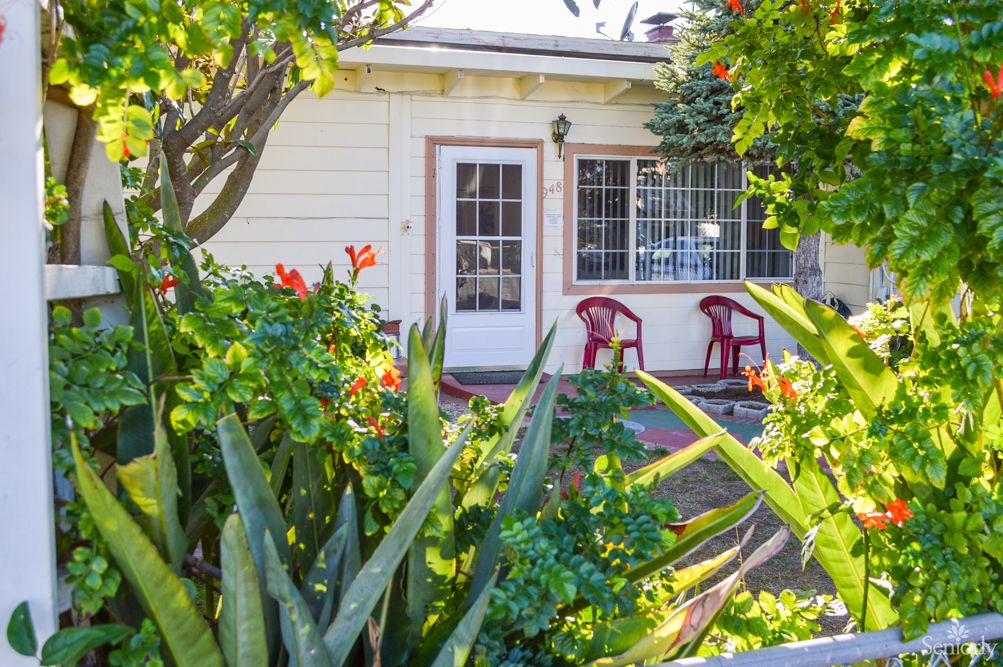 A cozy house with a vibrant garden and patio chairs.