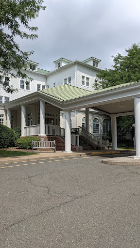 A charming hotel entrance featuring a green roof and elegant pillars, surrounded by lush greenery.