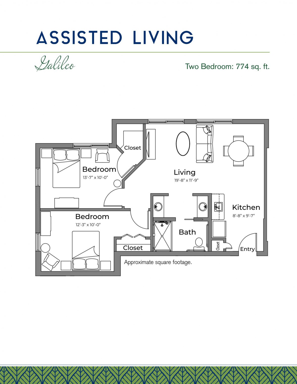 Floor plan of a two-bedroom apartment with living room, kitchen, and bathroom.