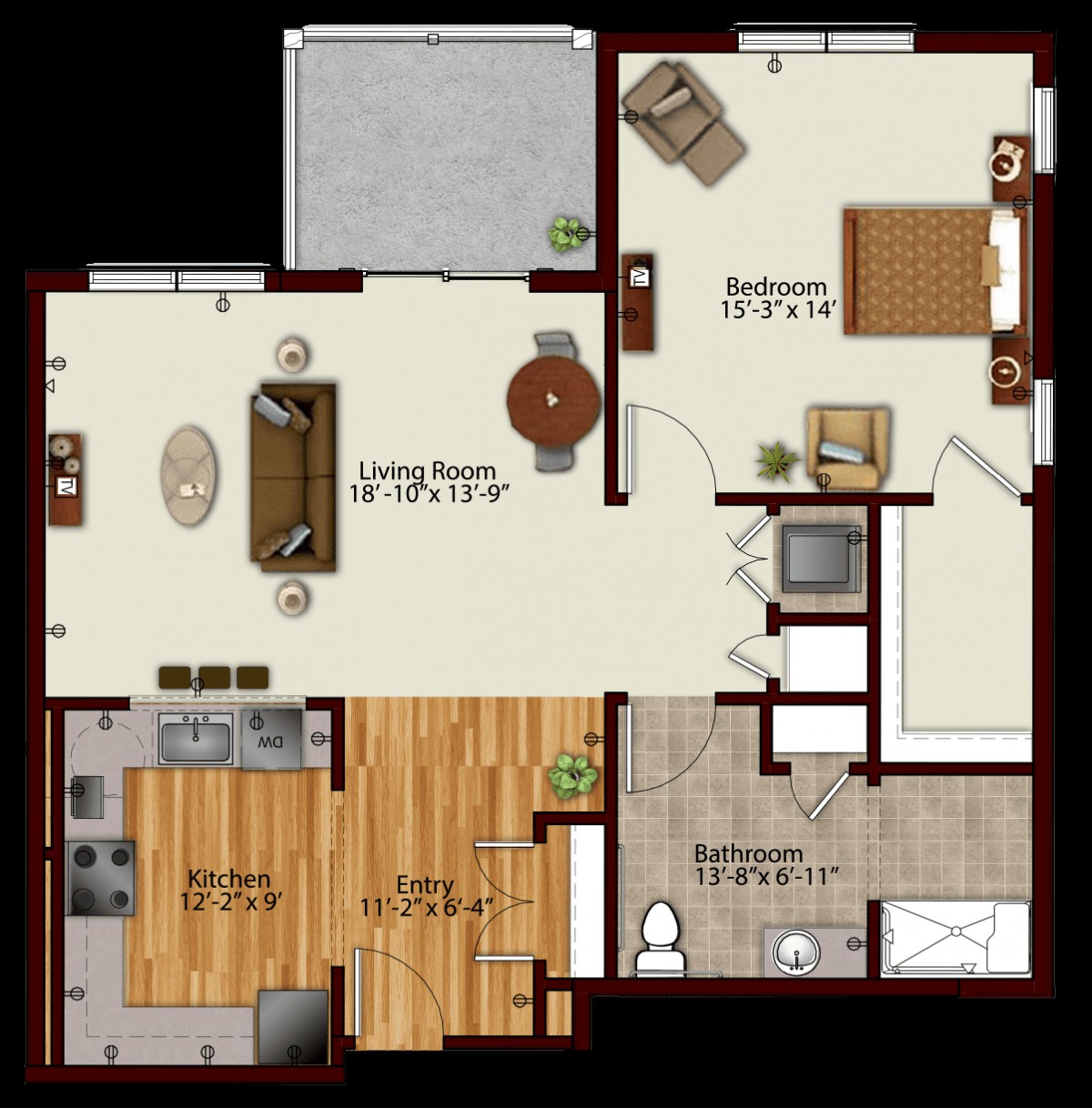 A one-bedroom apartment floor plan featuring a kitchen, living room, bathroom, and balcony.
