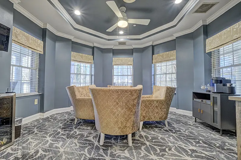 A modern sitting area with elegant chairs, a patterned carpet, and large windows complemented by a ceiling fan.