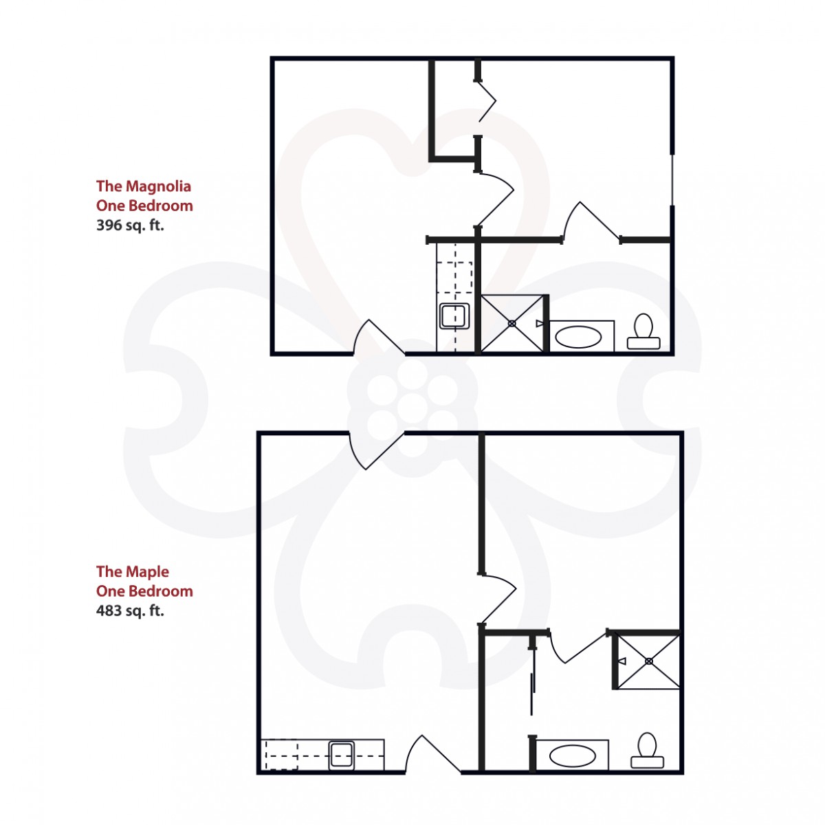 A comparison of two one-bedroom apartment floor plans: The Magnolia and The Maple.
