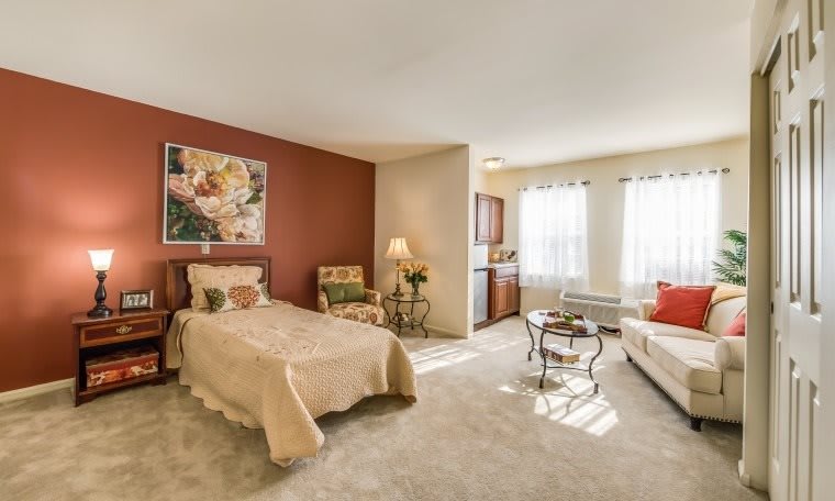 A cozy and well-decorated bedroom featuring a bed, sofa, and stylish furniture.