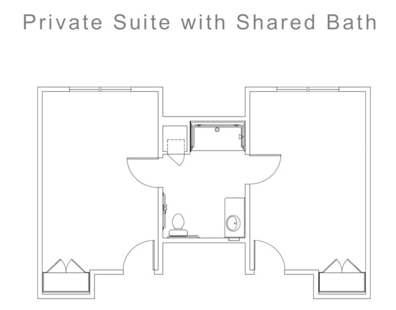 Floor plan of a private suite with a shared bathroom.