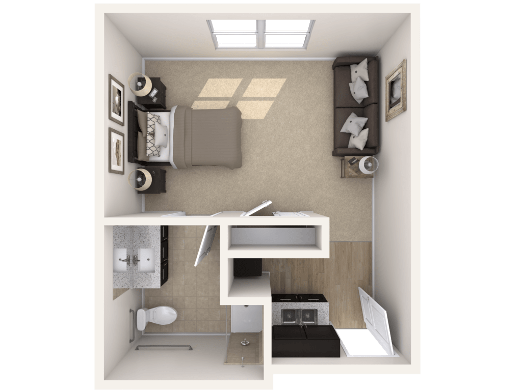 A top-down view of a small studio apartment, featuring a bedroom area, bathroom, and kitchenette.