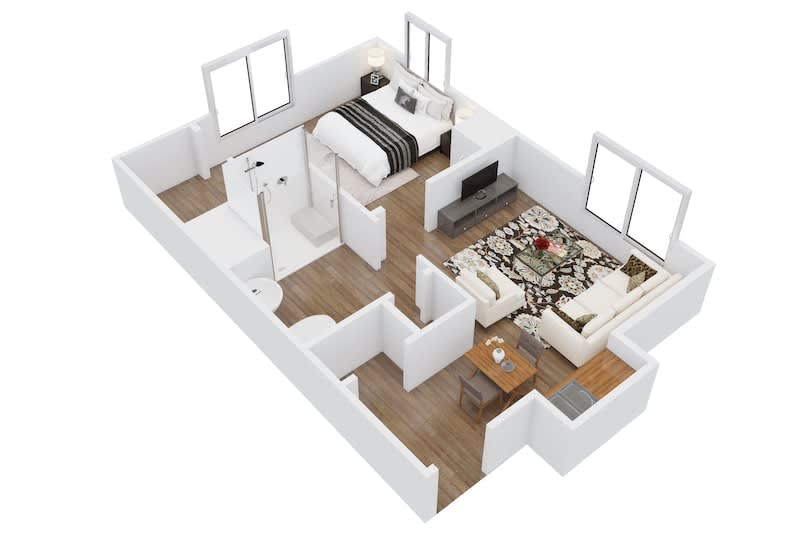 A 3D rendering of a one-bedroom apartment layout with a living area, bedroom, bathroom, and kitchen.