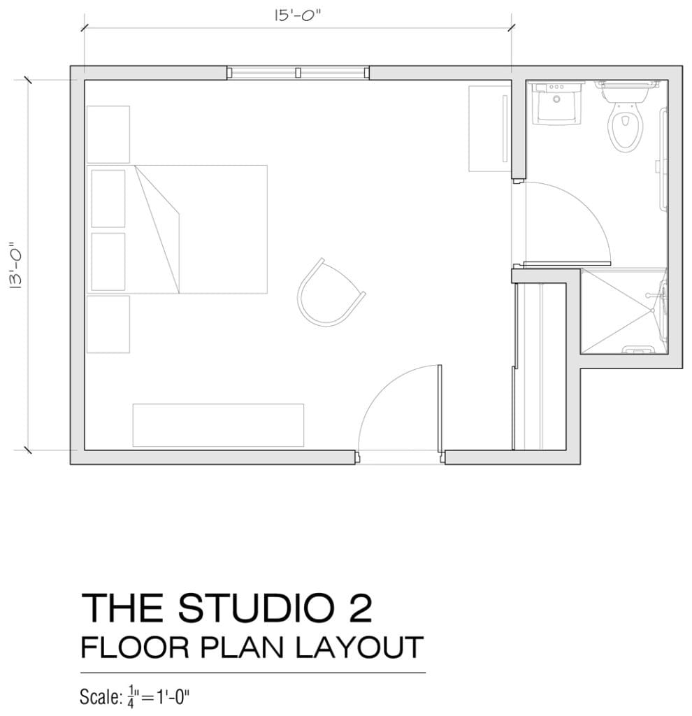 Studio apartment floor plan with basic layout and measurements.