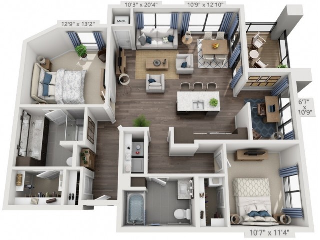 A modern 2-bedroom apartment floor plan with an open kitchen and living room.