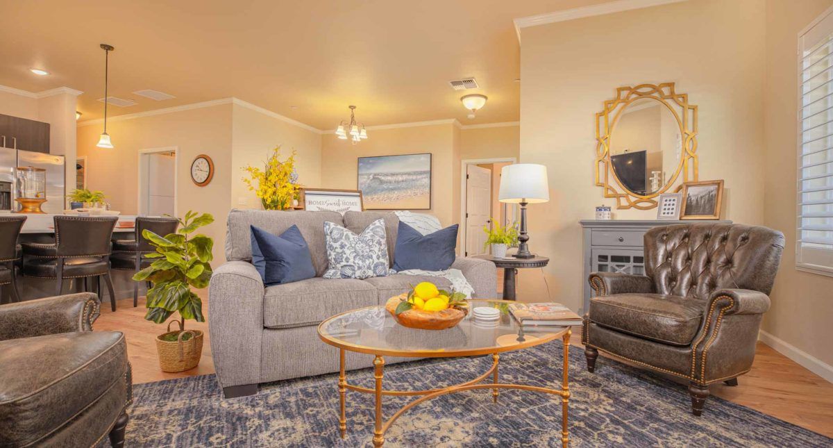 A cozy living room with a sofa, coffee table, and stylish home decor.