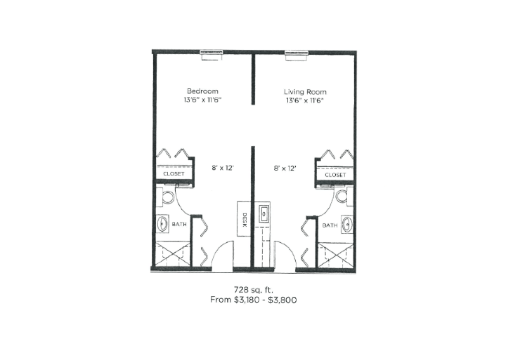 A floor plan of a 700 sq ft apartment with a bedroom and living room layout.