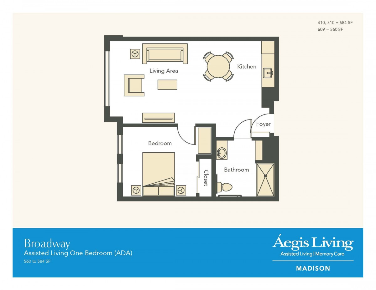 One-bedroom apartment floor plan with living and dining areas.