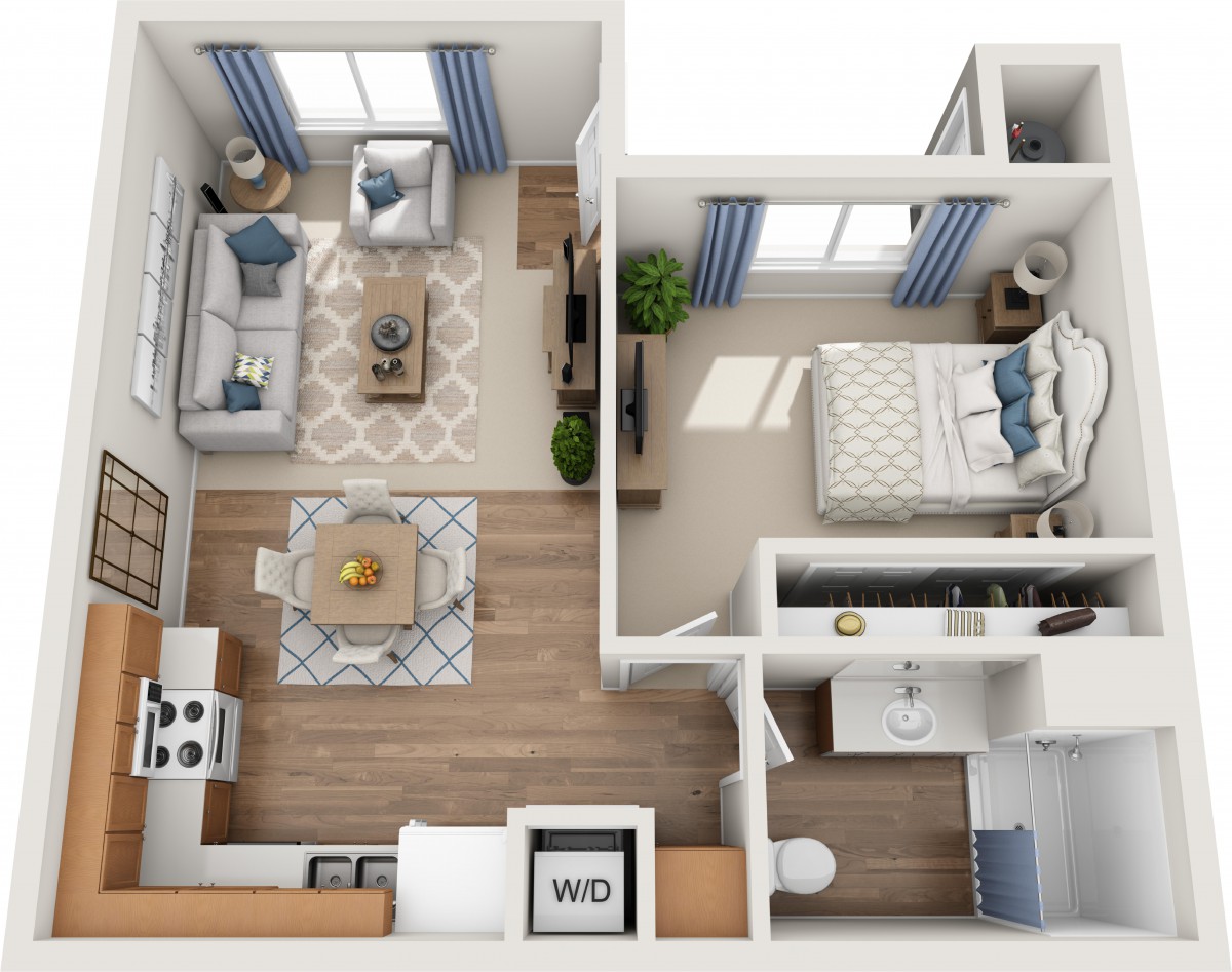 A 3D floor plan of a one-bedroom apartment featuring a living room, kitchen, bedroom, and bathroom.