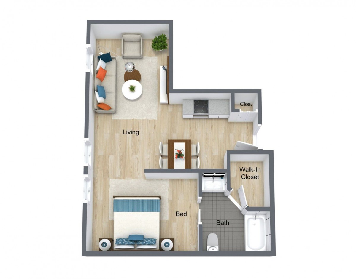 A detailed floor plan of a one-bedroom apartment featuring a living room, kitchen, bathroom, and bedroom with furniture layout.