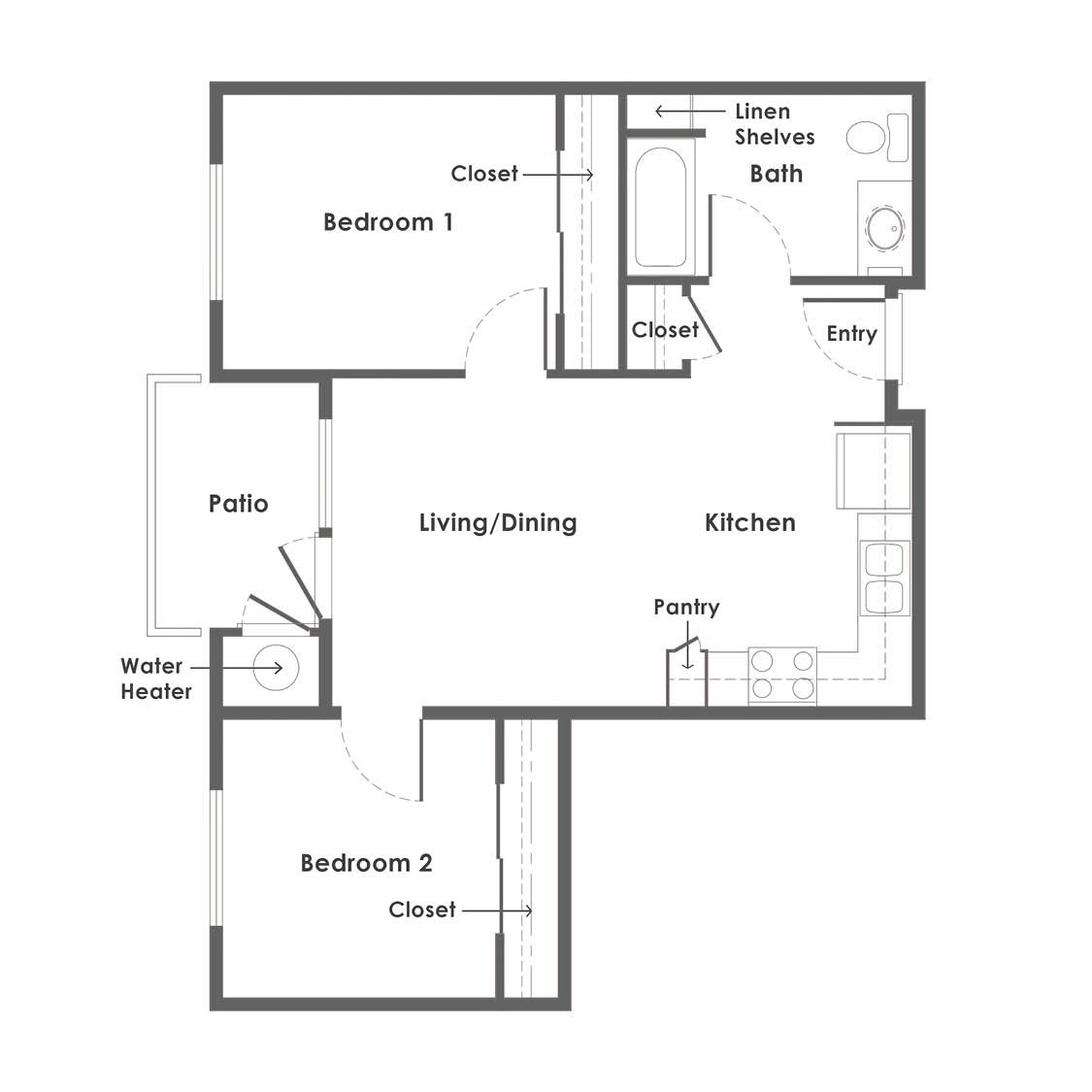 A floor plan of a two-bedroom apartment featuring a living/dining area, kitchen, and bathroom.