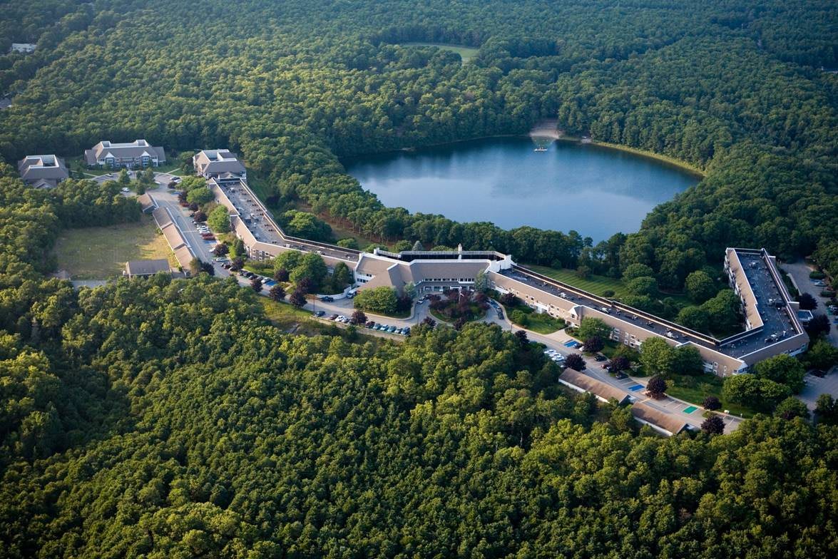 An aerial view of a lush forest area with a lake, surrounding roads, and buildings.