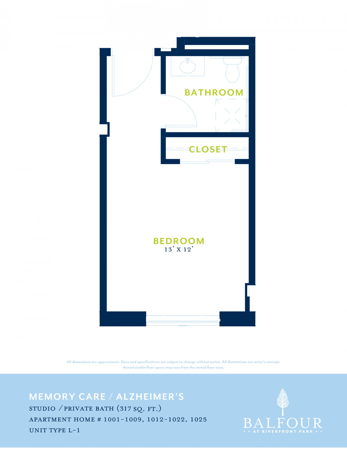 This is a floor plan showing the layout of an apartment with a bedroom, bathroom, and closet.