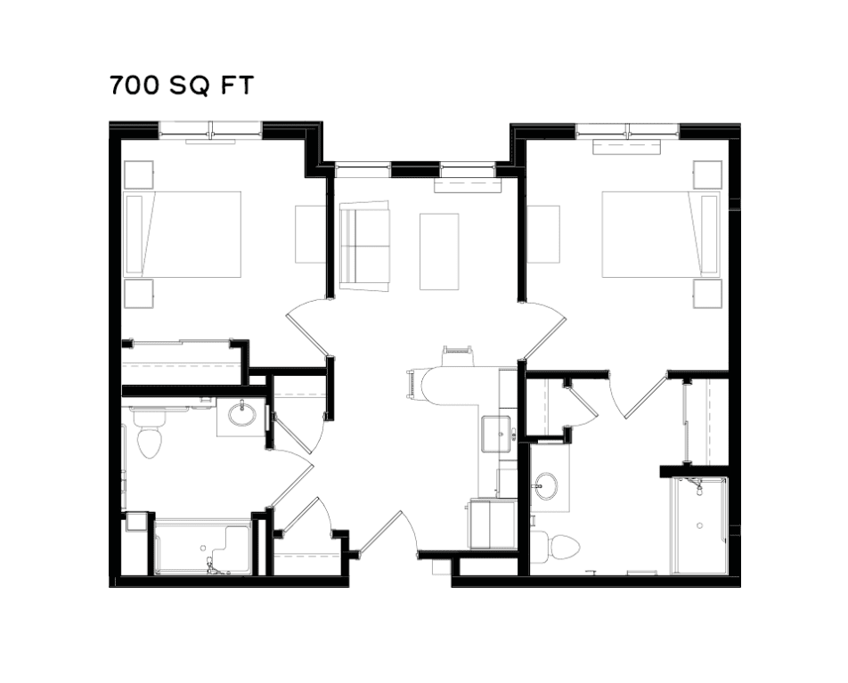 A detailed floor plan of a 700 square foot apartment featuring multiple rooms and amenities.