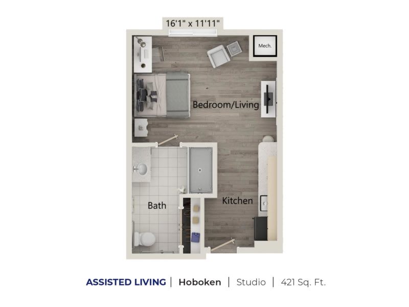 Floor plan of a studio apartment for assisted living, featuring a combined bedroom and living area, bathroom, and kitchen.