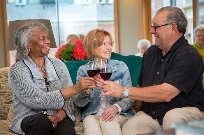 A group of friends toasting with glasses of wine indoors.