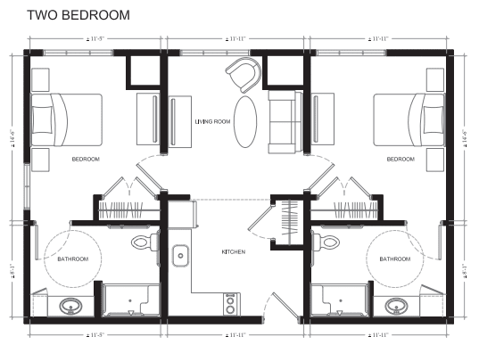 A detailed floor plan of a two-bedroom apartment with separate bathrooms and a central living area.