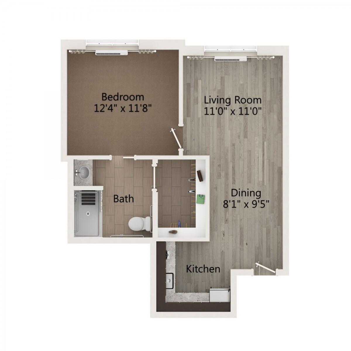 A floor plan showing a one-bedroom apartment with a living room, kitchen, and bathroom.