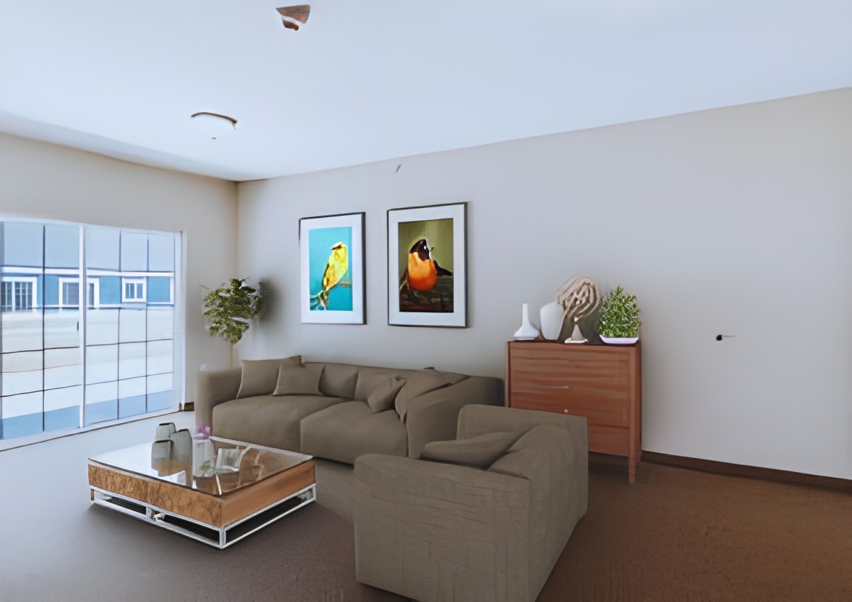 A modern living room with a comfortable sofa, coffee table, and vibrant wall art.