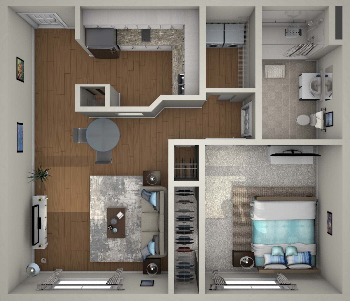 A 3D-rendered floor plan of a one-bedroom apartment showcasing the living room, kitchen, bedroom, and bathroom.