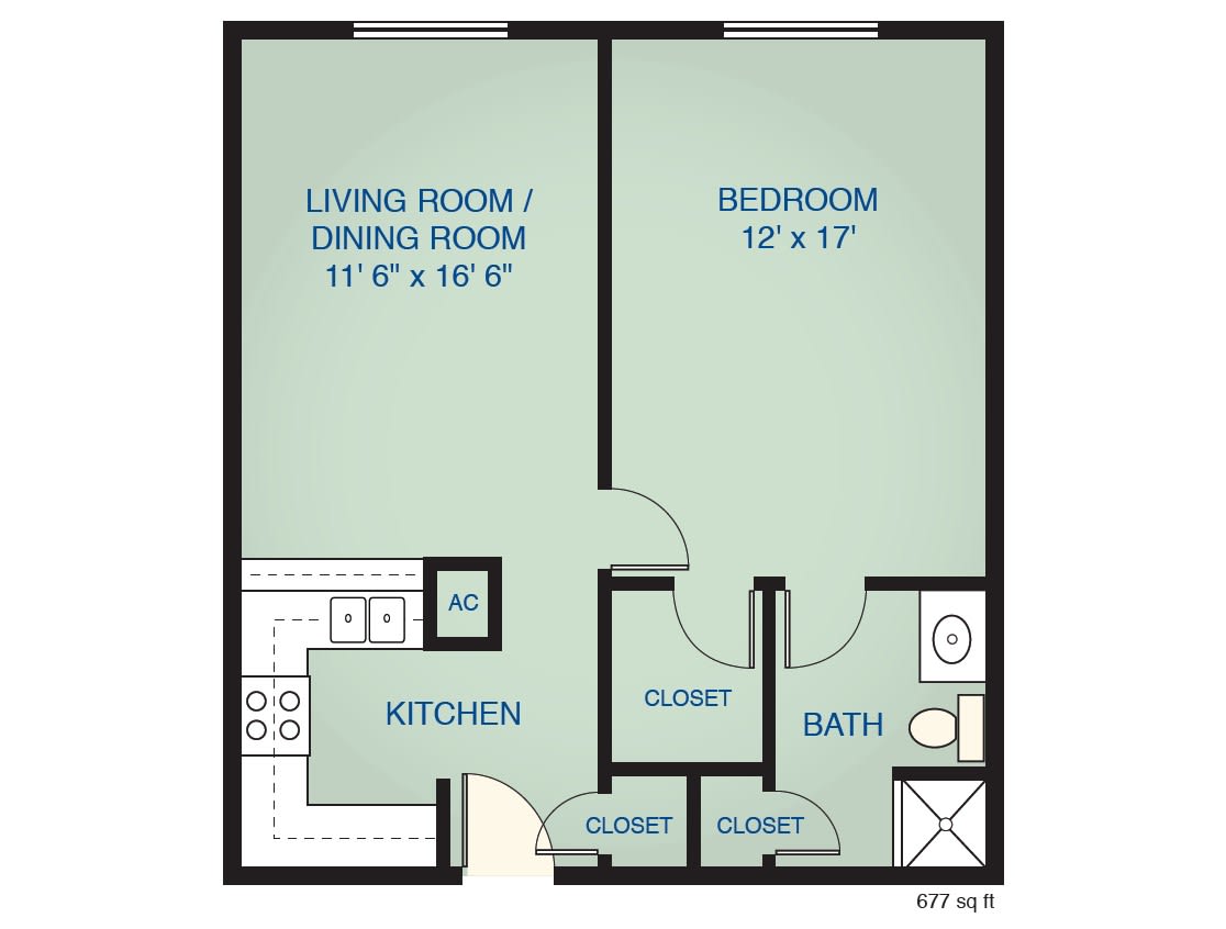 A floor plan of a one-bedroom apartment featuring a living/dining room, kitchen, bathroom, and closet.
