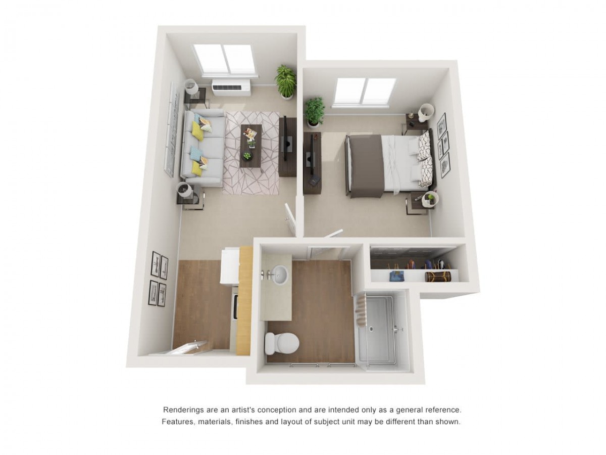 A 3D rendered floor plan of a two-bedroom apartment featuring a living room, kitchen, and bathroom.