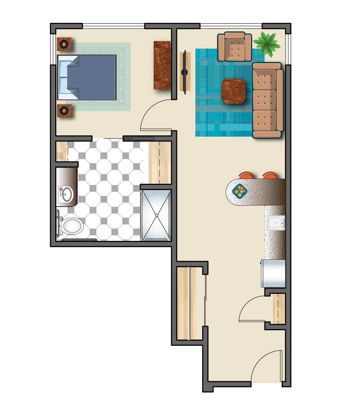 A floor plan of a one-bedroom apartment featuring a living room, kitchen, and bathroom.