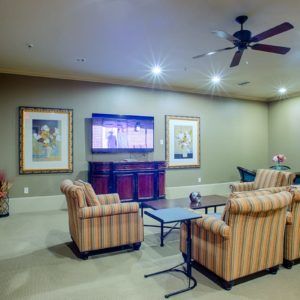 A cozy living room with a television, sofas, and elegant artwork on the walls.