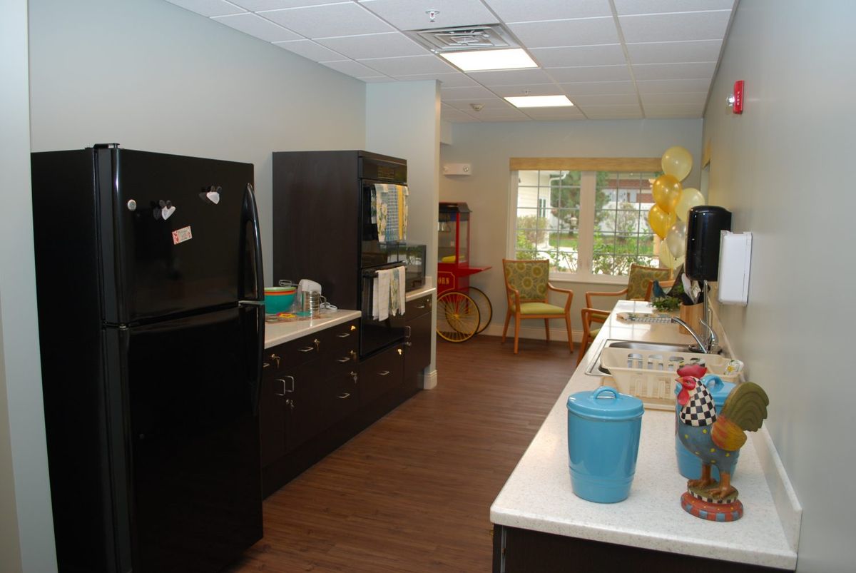 A modern kitchen with appliances and a countertop, featuring decorative elements.