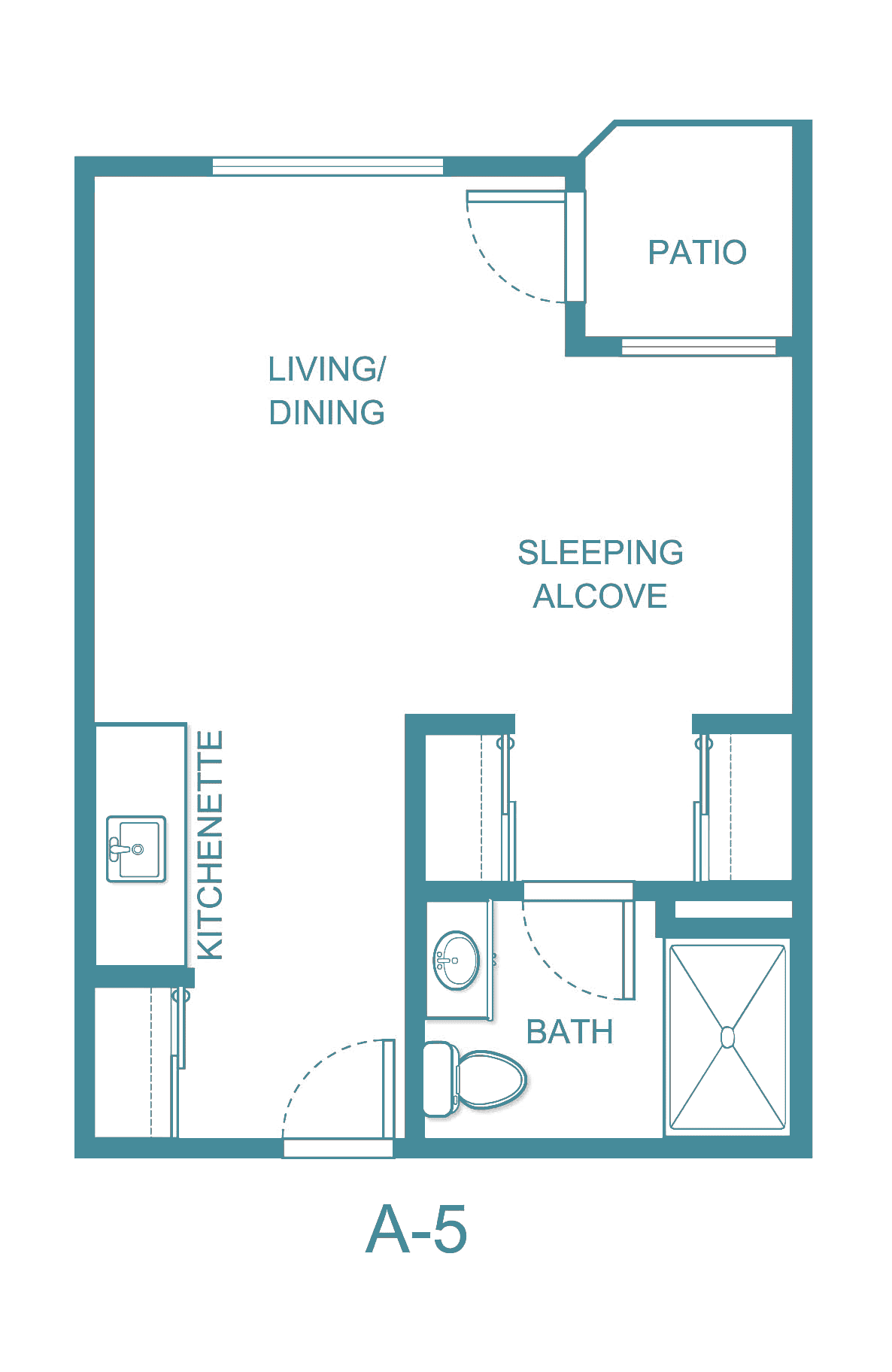Studio apartment floor plan with living/dining area, sleeping alcove, kitchenette, bath, and patio.