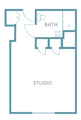 Floor plan of a studio apartment with a bathroom.