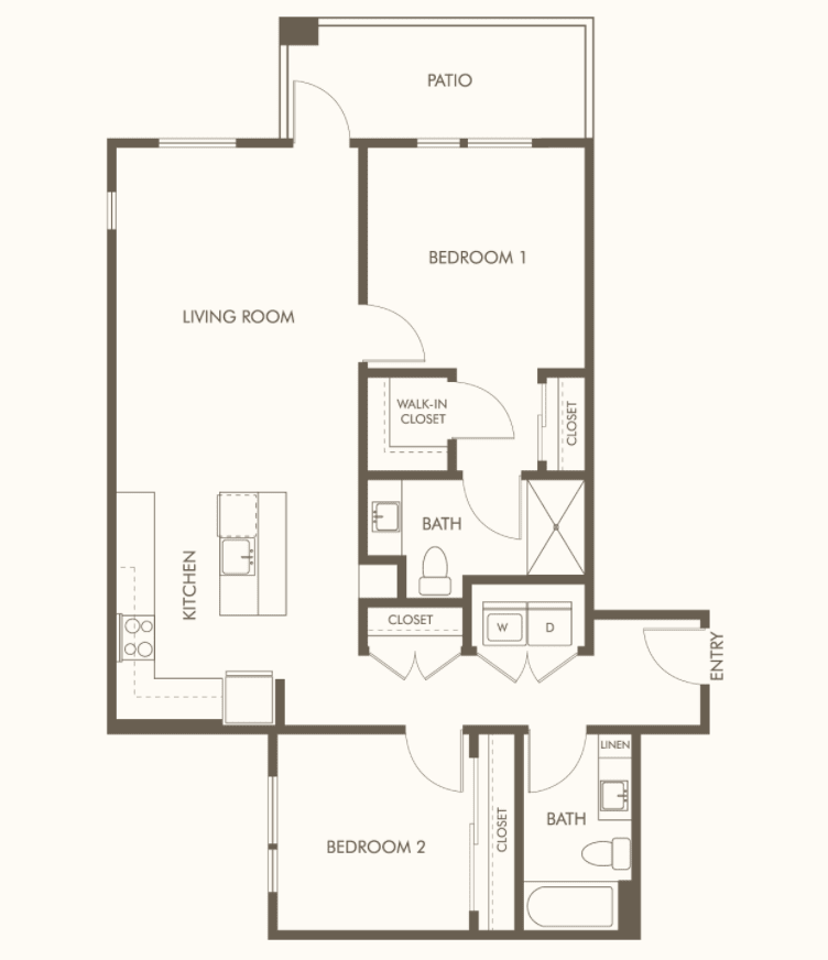 A floor plan of a two-bedroom apartment featuring a living room, kitchen, and two bathrooms.