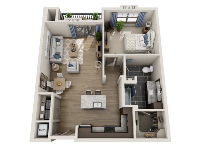 A 3D floor plan of a one-bedroom apartment featuring a living room, kitchen, bathroom, and balcony.