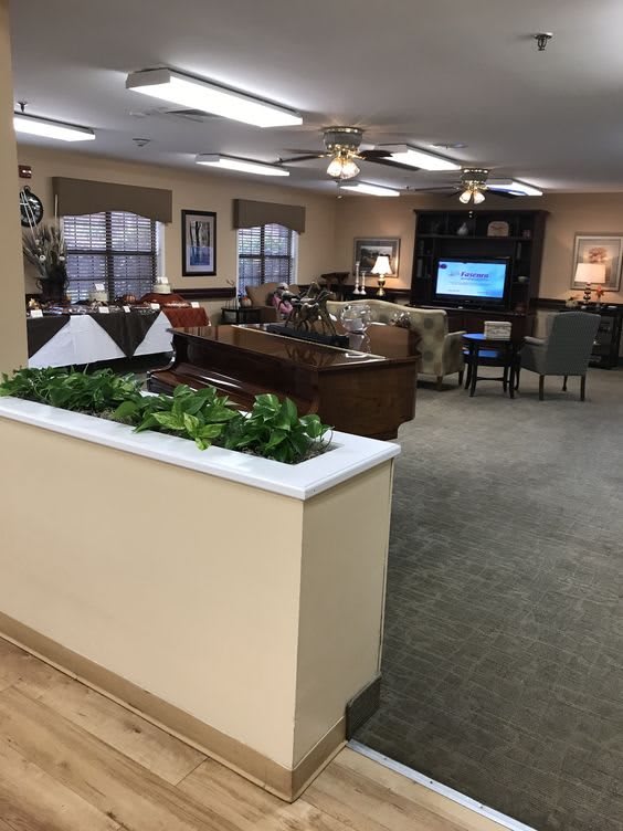 A cozy lobby area with comfortable seating, a television, and decorative plants.
