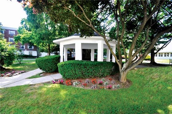 A charming white gazebo surrounded by lush greenery and manicured shrubs.