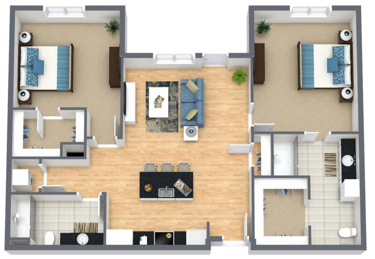A 3D floor plan of an apartment showing two bedrooms, a central living area, and a kitchen.