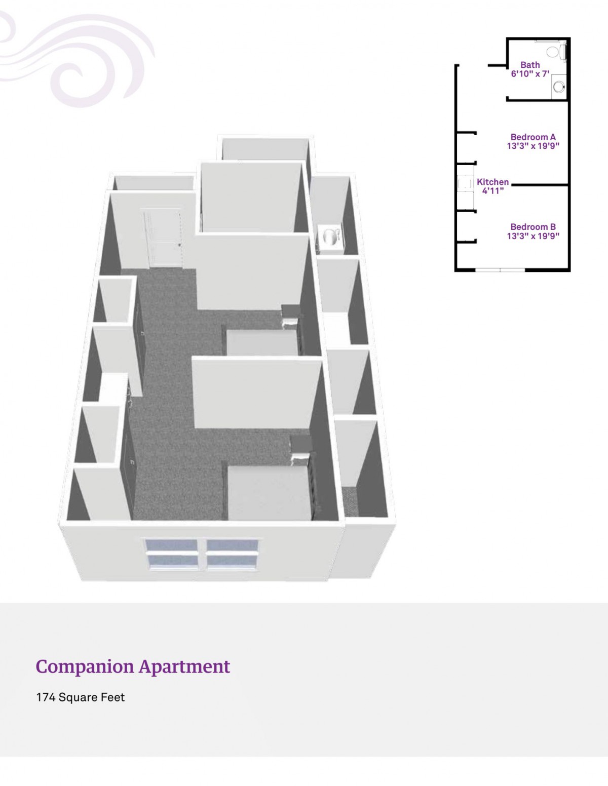 3D floor plan of a compact apartment showing room layout and dimensions.