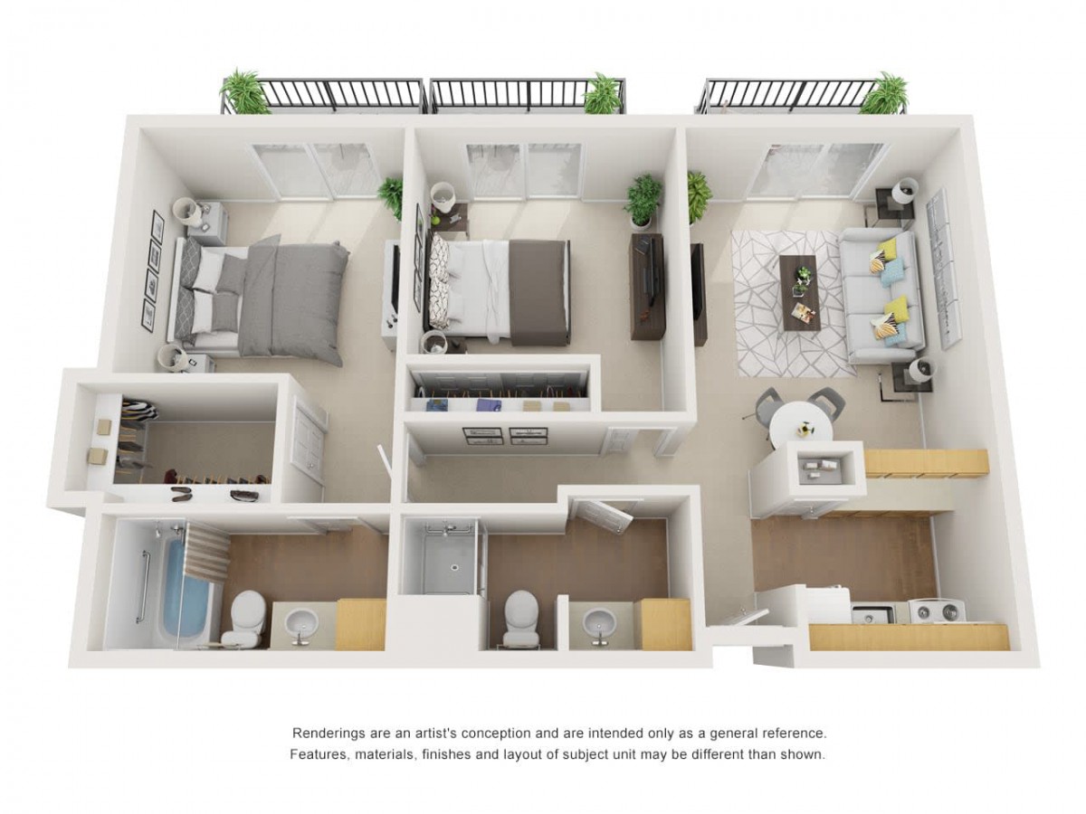 A detailed 3D floor plan of a two-bedroom apartment with furniture, including a kitchen, dining area, living room, bathrooms, and balconies.