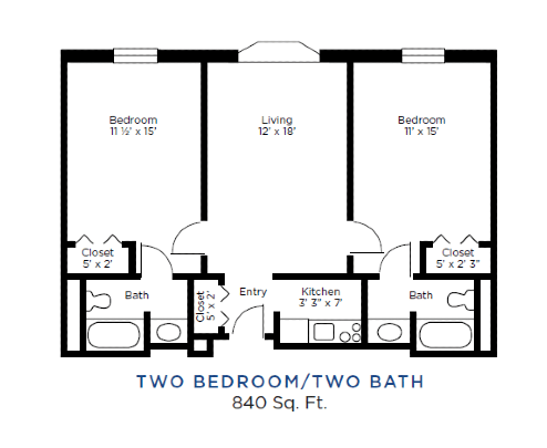 Floor plan of a two-bedroom, two-bath apartment with an 840 sq ft layout.