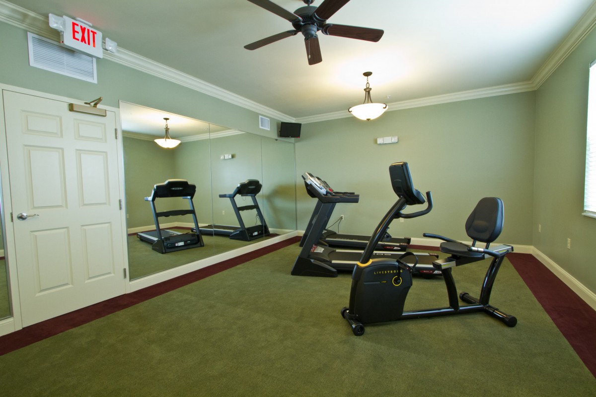 A small indoor gym with a treadmill and stationary bike in front of a wall mirror.