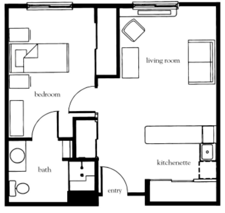 A floor plan of a one-bedroom apartment featuring a living room, kitchenette, and bathroom.