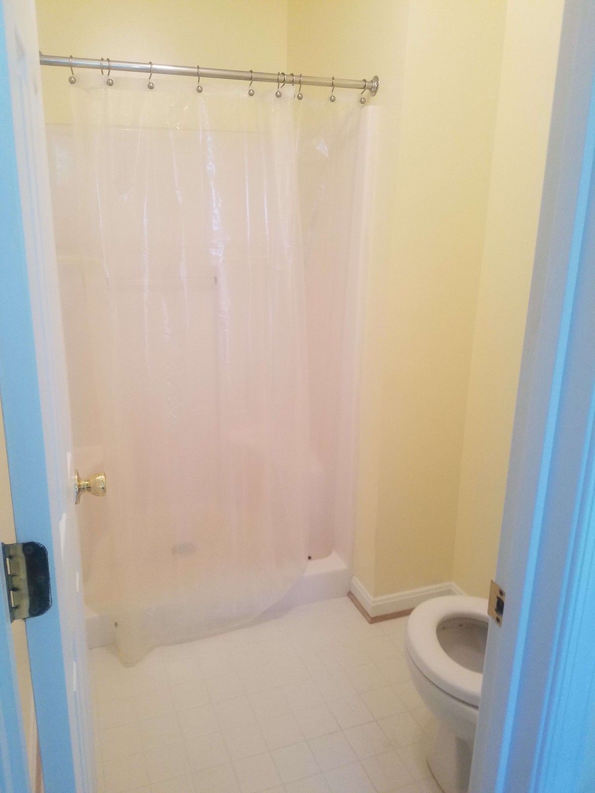 A simple bathroom with a shower and toilet.