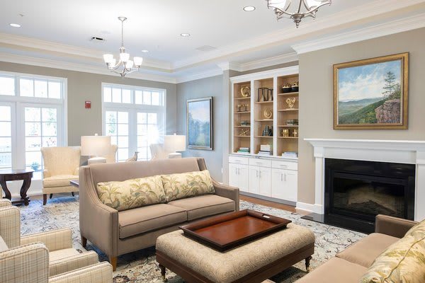 A stylish and cozy living room with elegant furnishings, featuring a sofa, coffee table, fireplace, and bookshelf.