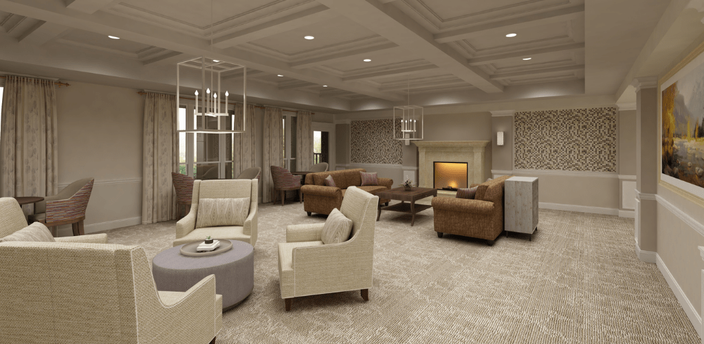 A spacious and modern living room with comfortable seating and a fireplace.