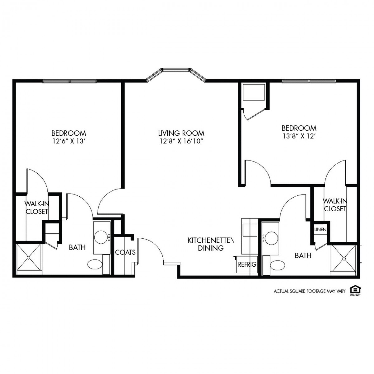 A detailed floor plan of a two-bedroom apartment with labeled room dimensions.